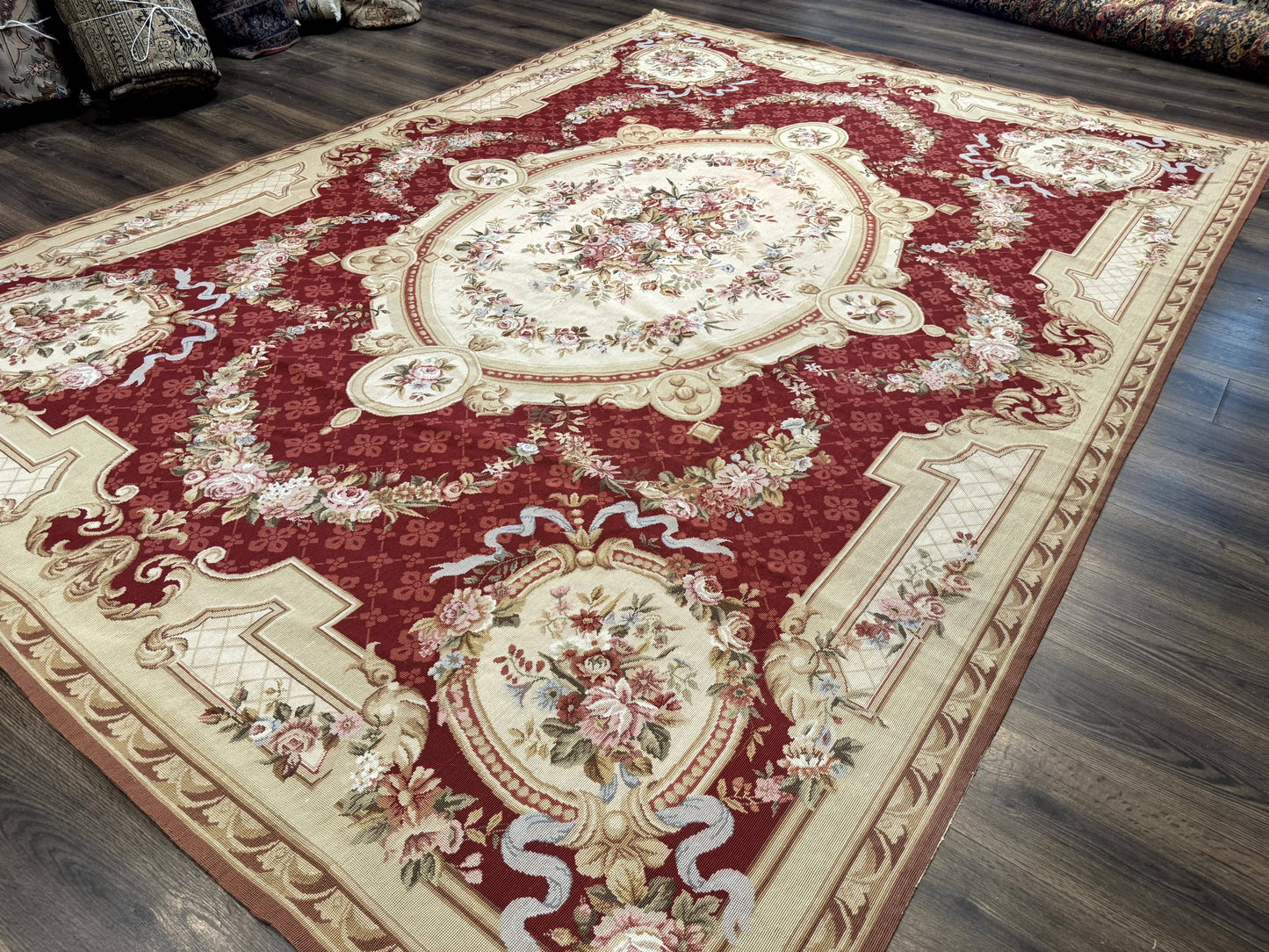 Aubusson Rug 8x11, Needlepoint Carpet, Red Ivory Beige, Vintage, French European Design - Nuvé