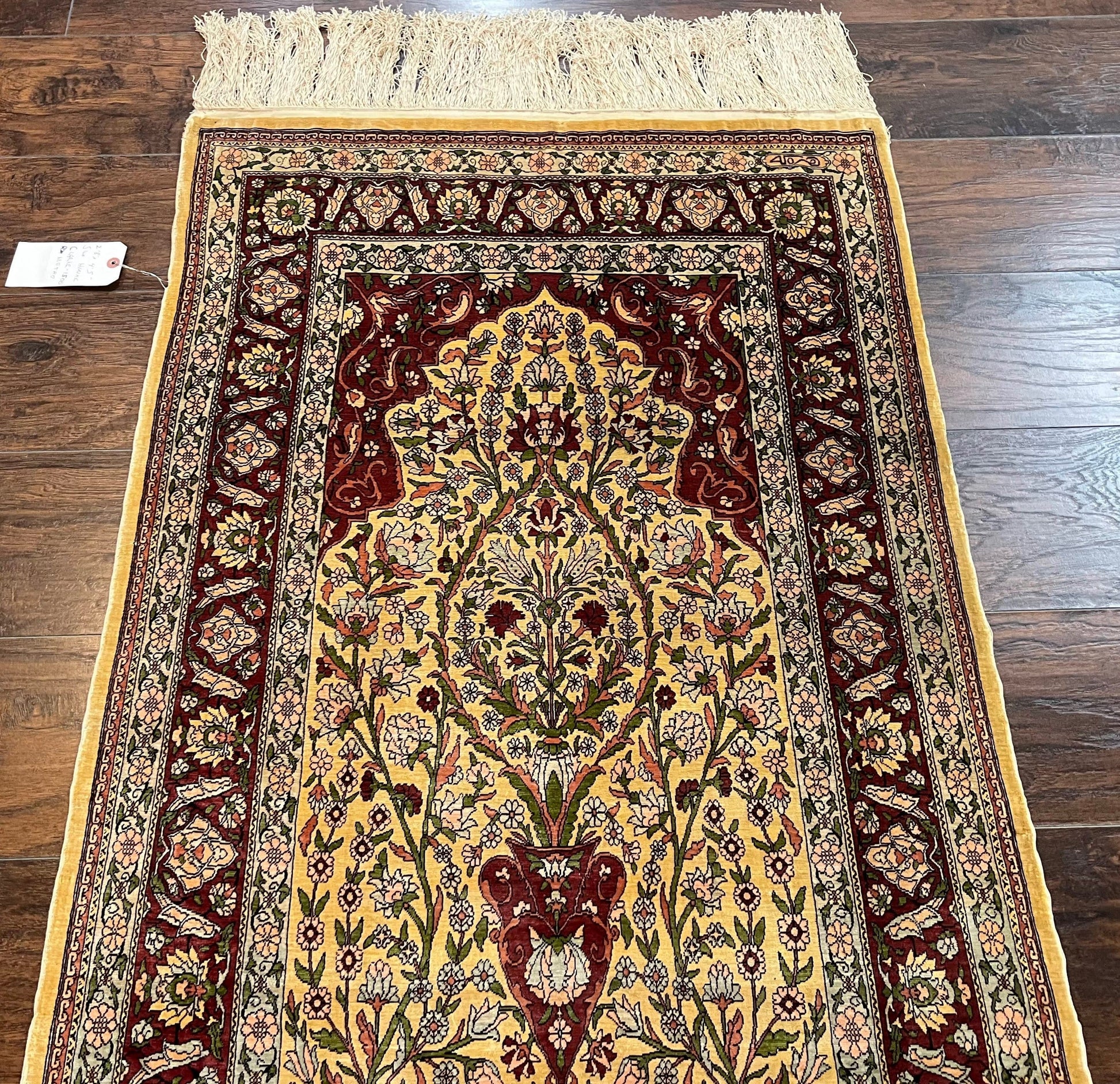 Wonderful Silk Turkish Hereke Prayer Rug 2.8 x 4.5, Tree of Life Design, Signature from Master Weaver, Gold and Burgundy, Handmade, 625 KPSI - Nuvé