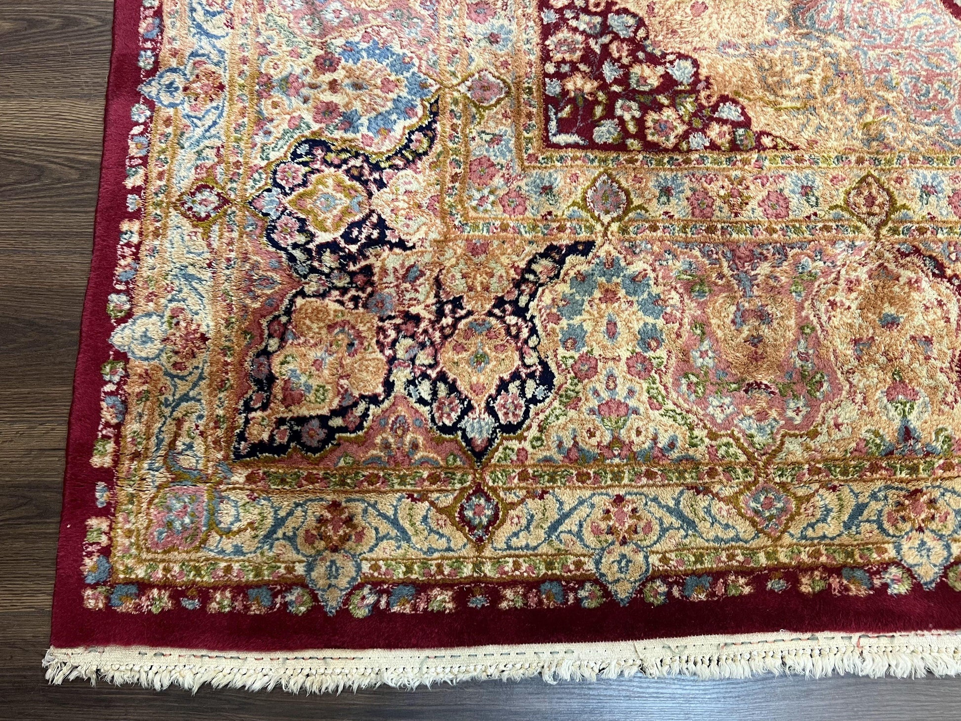 Persian Rug 9x12, Kirman DeLuxe, Millefleur Floral Medallion Carpet, Maroon Light Blue Beige, Semi Antique Authentic Hand Knotted Wool Rug - Nuvé