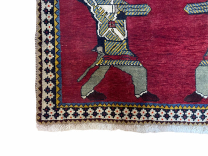 3 X 6 Handmade Wool Rug Tribal Balouch Warriors Deer Animal Pictorial Red Swords - Nuvé