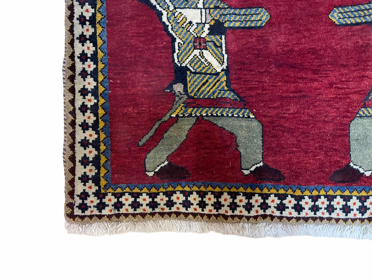 3 X 6 Handmade Wool Rug Tribal Balouch Warriors Deer Animal Pictorial Red Swords