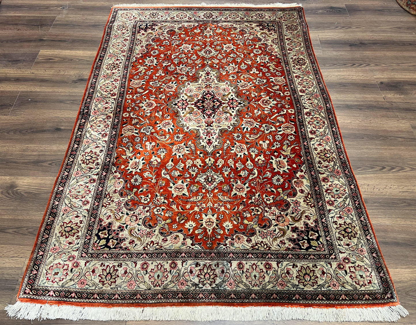 Persian Qum Silk Rug 5x7 - Floral Medallion, Birds, Orange-Red - Nuvé