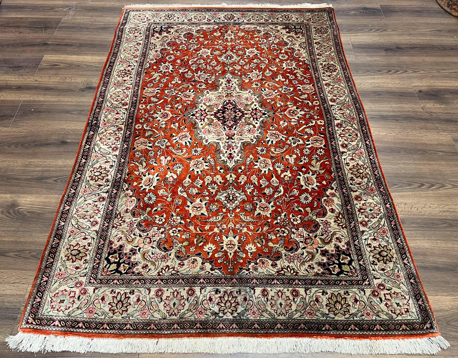 Persian Qum Silk Rug 5x7 - Floral Medallion, Birds, Orange-Red - Nuvé