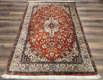 Persian Qum Silk Rug 5x7 - Floral Medallion, Birds, Orange-Red - Nuvé