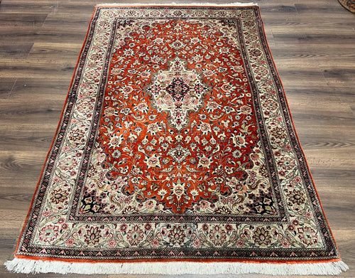 Persian Qum Silk Rug 5x7 - Floral Medallion, Birds, Orange-Red - Nuvé