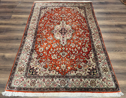 Persian Qum Silk Rug 5x7 - Floral Medallion, Birds, Orange-Red - Nuvé
