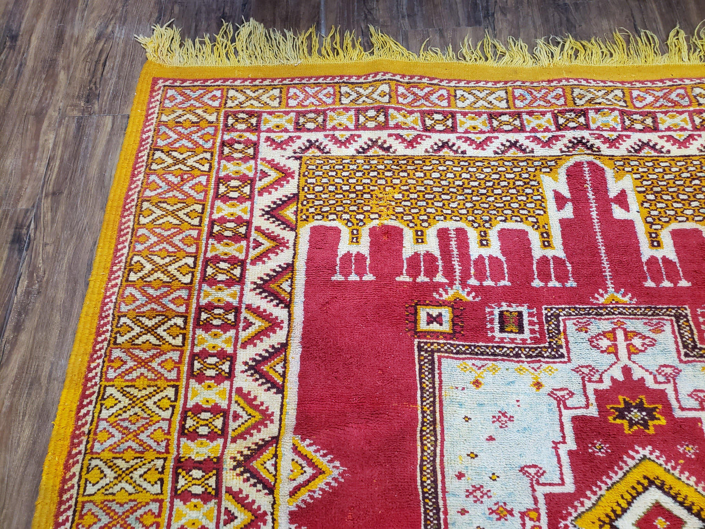 Vintage Moroccan Rug 6x10, Red and Yellow Moroccan Carpet, Handmade Bohemian Tribal Area Rug, Hand-Knotted 1970s Wool Rug, Medalions - Nuvé