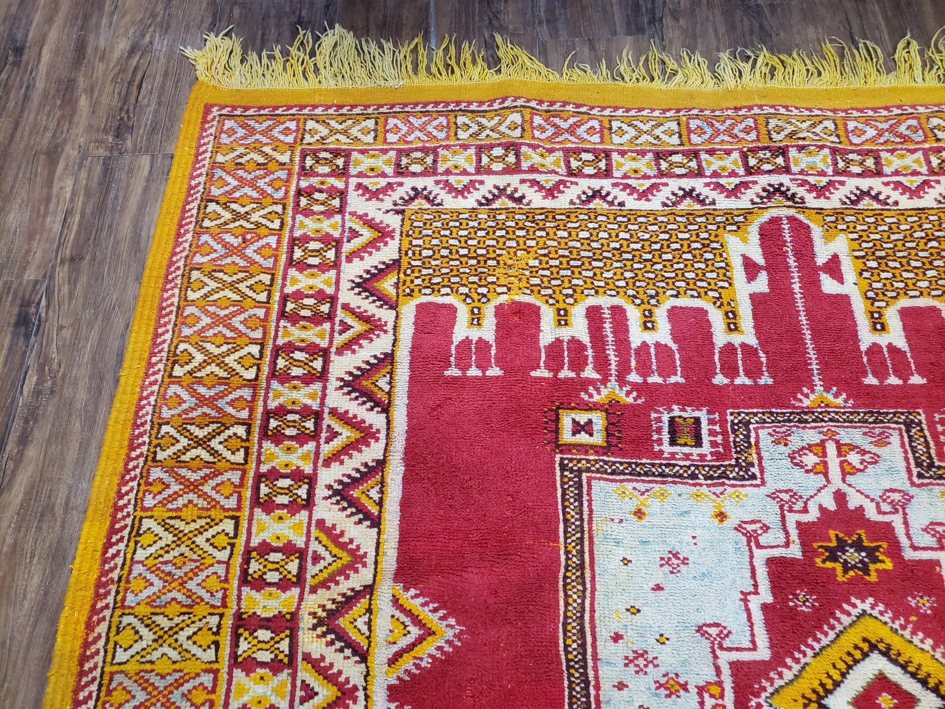 Vintage Moroccan Rug 6x10, Red and Yellow Moroccan Carpet, Handmade Bohemian Tribal Area Rug, Hand-Knotted 1970s Wool Rug, Medalions - Nuvé