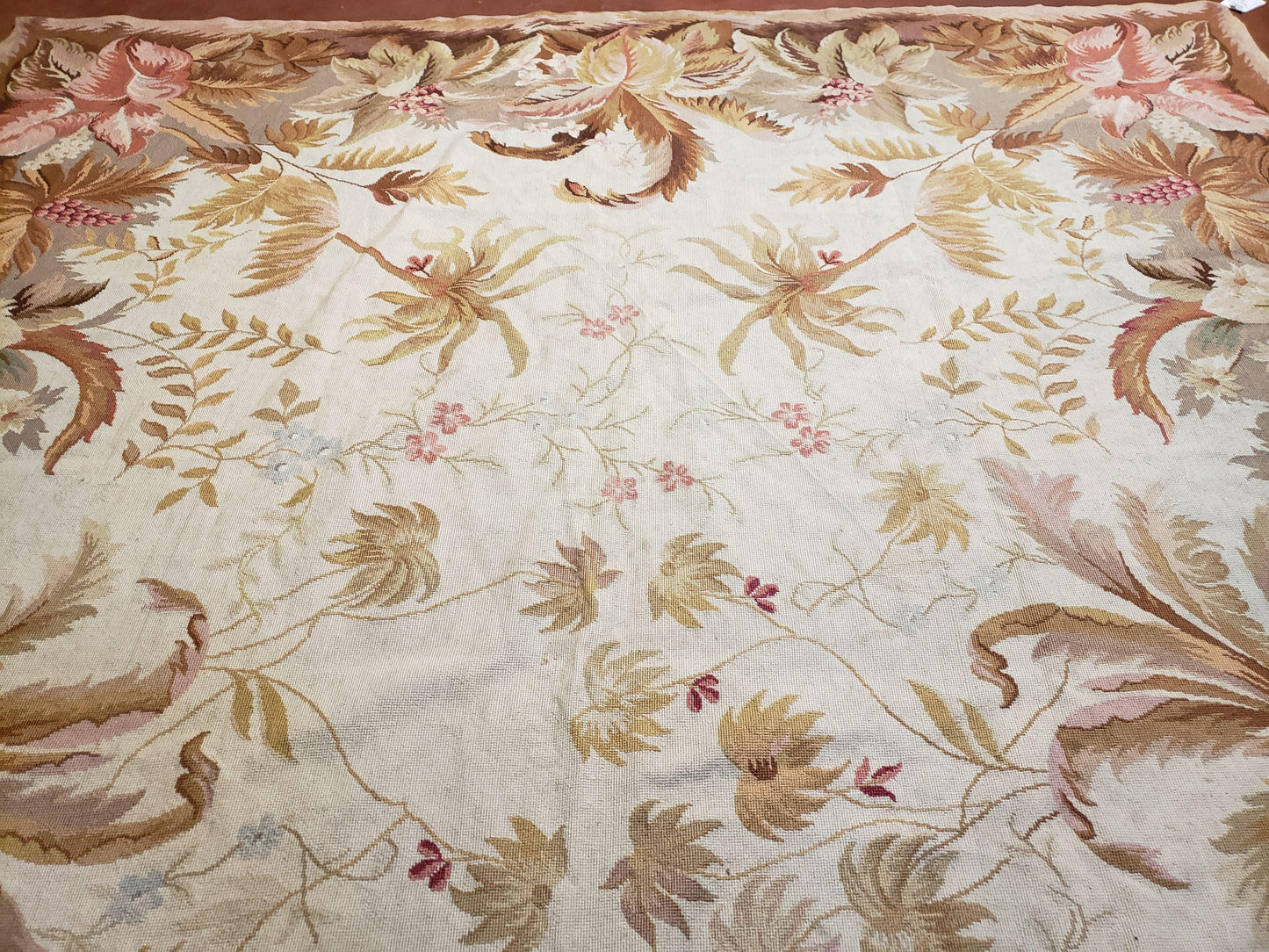 7' 7" x 9' 8" Needlepoint Rug Floral Beige Flat Weave Carpet 8x10 Handmade New Area Rug - Nuvé