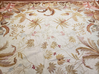 7' 7" x 9' 8" Needlepoint Rug Floral Beige Flat Weave Carpet 8x10 Handmade New Area Rug - Nuvé