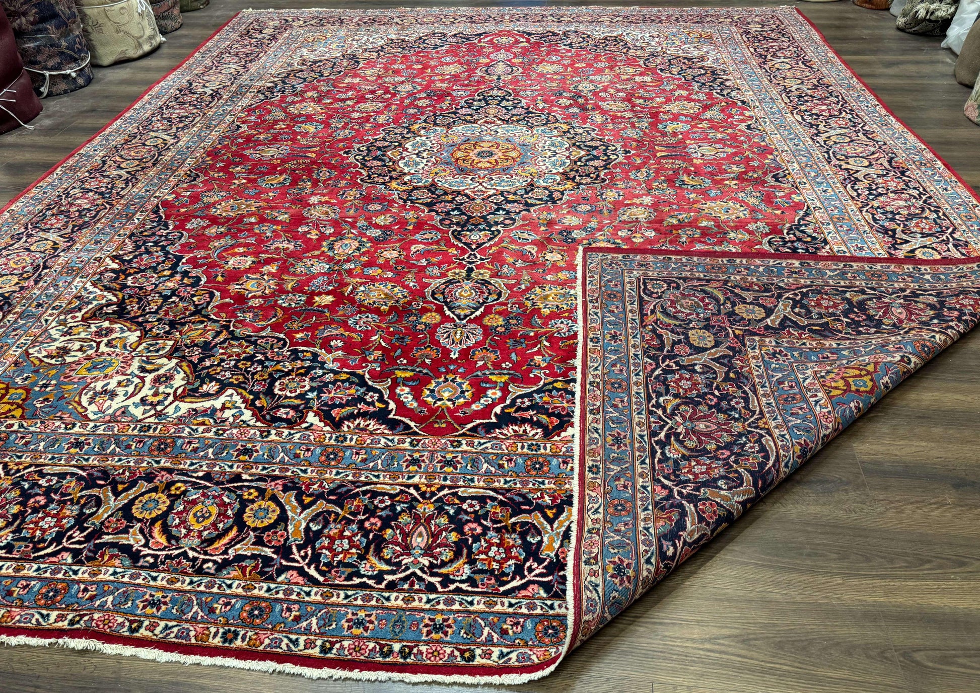 Large Persian Kashan Rug 11x14, Traditional Persian Carpet, Wool, Fine 250 KPSI, Red Navy Blue - Nuvé