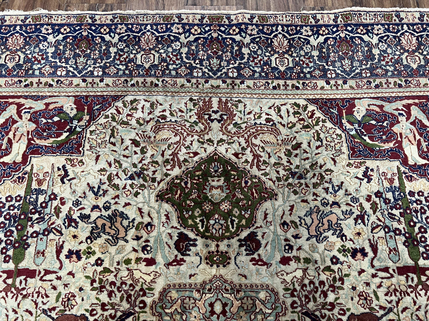 Rare Antique Indian Agra Rug, Early 20th Century Indian Carpet, Animal and Angel Motifs, Hunting Scene, Collectible Oriental Carpet, Wow - Nuvé