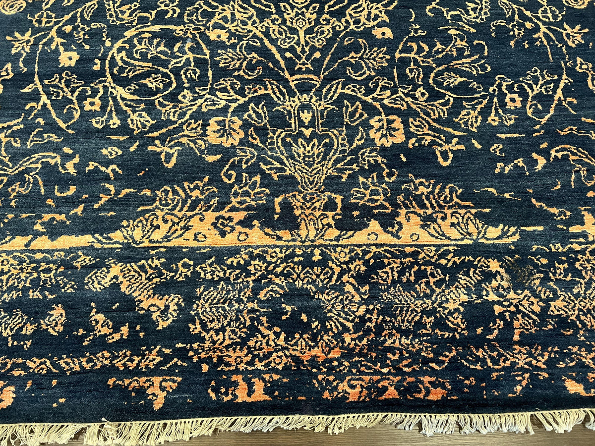 Area Rug 8x10 High Quality Handmade Oriental Carpet, Modern Contemporary Rug, Rug for Living Room, Wool Rug, Blue and Gold, Pakistani Rug