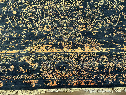Area Rug 8x10 High Quality Handmade Oriental Carpet, Modern Contemporary Rug, Rug for Living Room, Wool Rug, Blue and Gold, Pakistani Rug