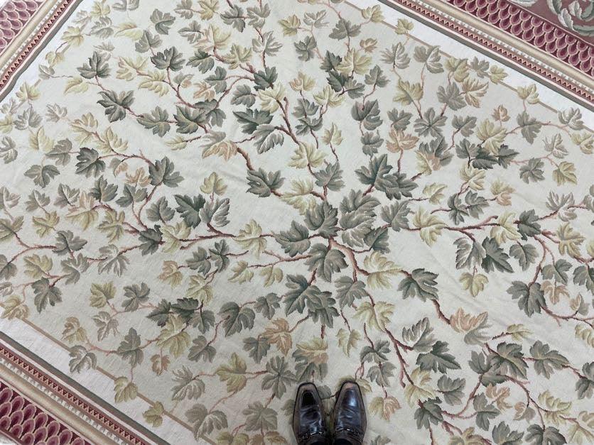 Traditional Aubusson Needlepoint Rug 9 x 12, Flowers, Flatweave Carpet, Hand-Knotted, Brand New, Cream Color, Green, Maroon Red, Wool - Nuvé