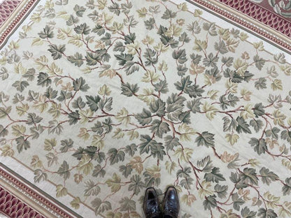 Traditional Aubusson Needlepoint Rug 9 x 12, Flowers, Flatweave Carpet, Hand-Knotted, Brand New, Cream Color, Green, Maroon Red, Wool - Nuvé
