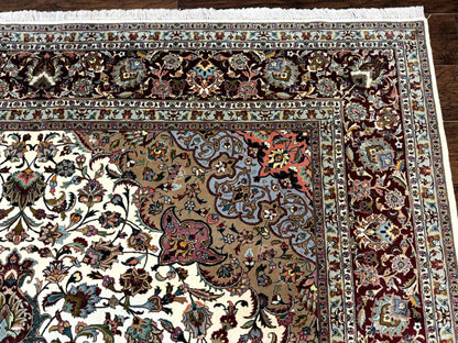 Persian Tabriz Rug 8x11, Floral Medallion Traditional Area Rug, Fine 300 KPSI, Ivory Maroon - Nuvé