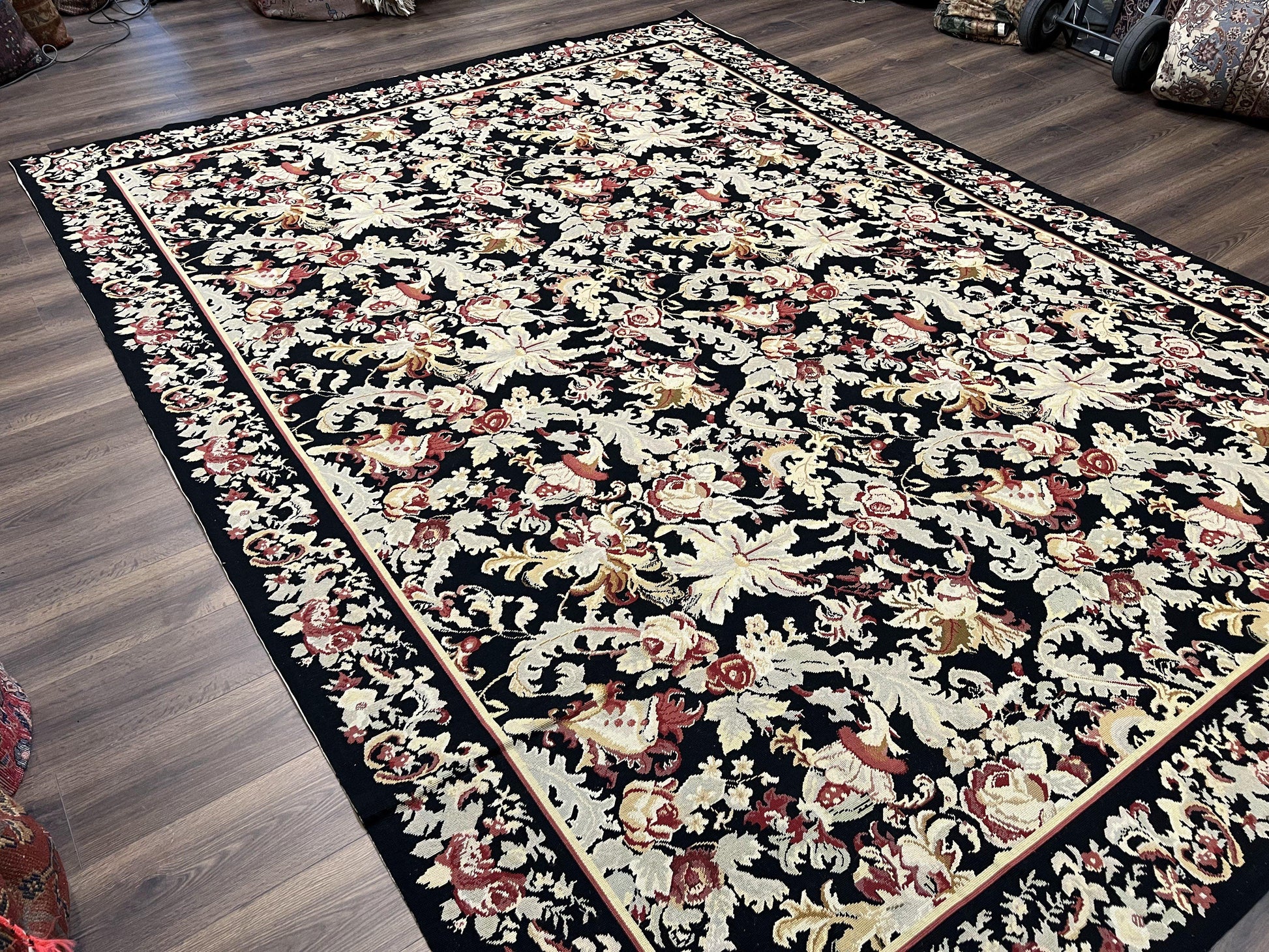 Wool Needlepoint Rug 9x12, William Morris Vintage Chinese Needlepoint Carpet 9 x 12, Handwoven, Allover Floral Area Rug, Black Light Green - Nuvé