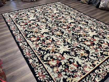 Wool Needlepoint Rug 9x12, William Morris Vintage Chinese Needlepoint Carpet 9 x 12, Handwoven, Allover Floral Area Rug, Black Light Green - Nuvé