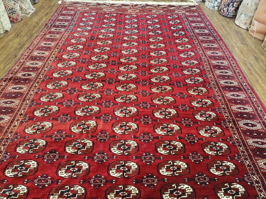 Persian Turkoman Rug 8 x 12.5, Bokhara Turkoman Carpet, Fine Oriental Rug, Vintage Wool Handmade Area Rug, Red Black Cream, Room Sized - Nuvé