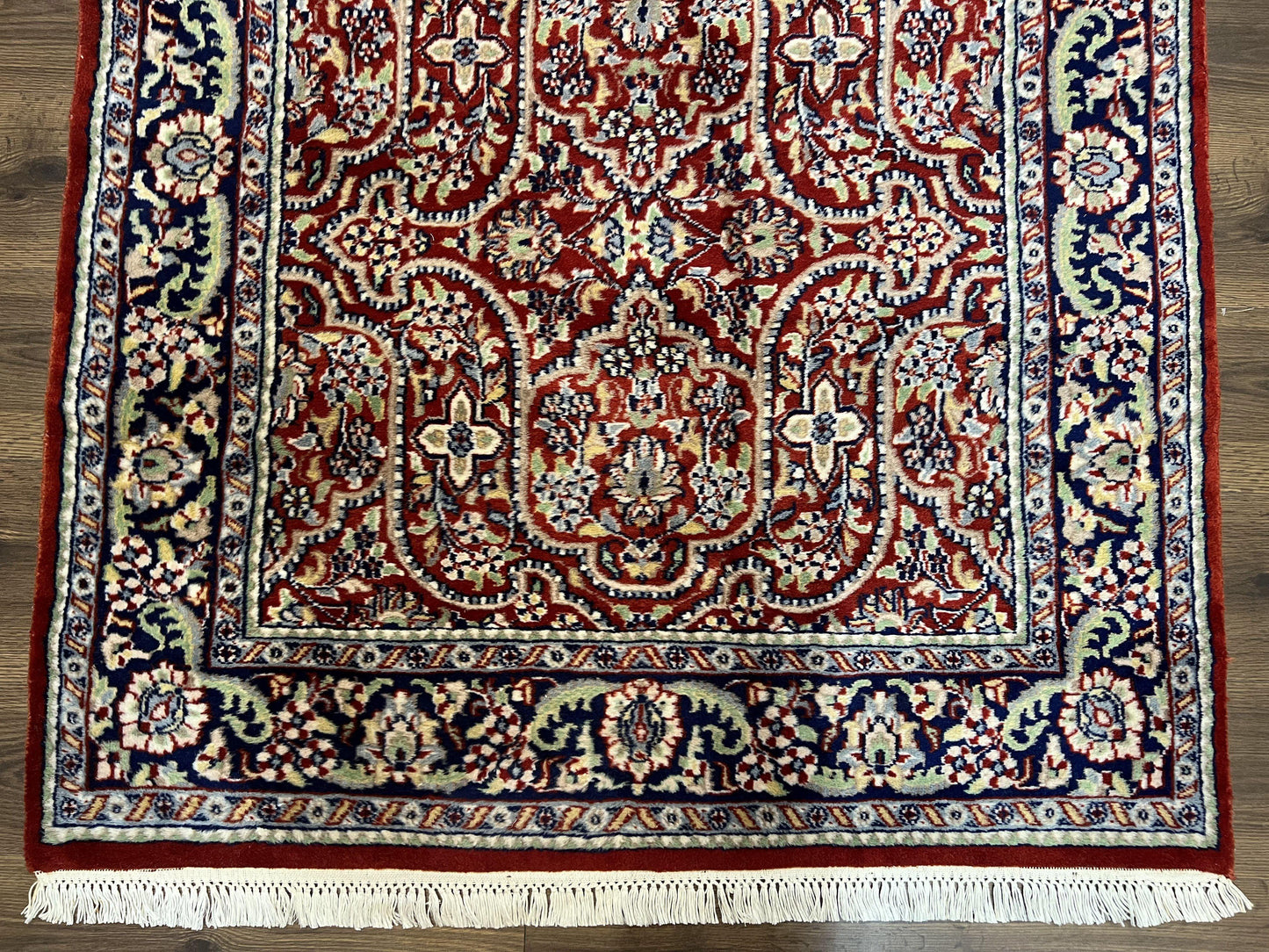 Indo Persian Rug 4x7, Allover Floral Oriental Carpet, Red and Navy Blue, Hand Knotted Indian Kashmiri Traditional Vintage Area Rug 4 x 7 ft - Nuvé