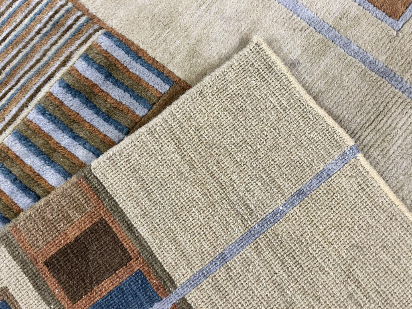 Tibetan Rug 5x8, Contemporary Rug 5 x 8 ft, Cream Brown Blue Hand-Knotted Wool w/ Silk Highlights Tibetan Carpet, Modern Rug - Nuvé