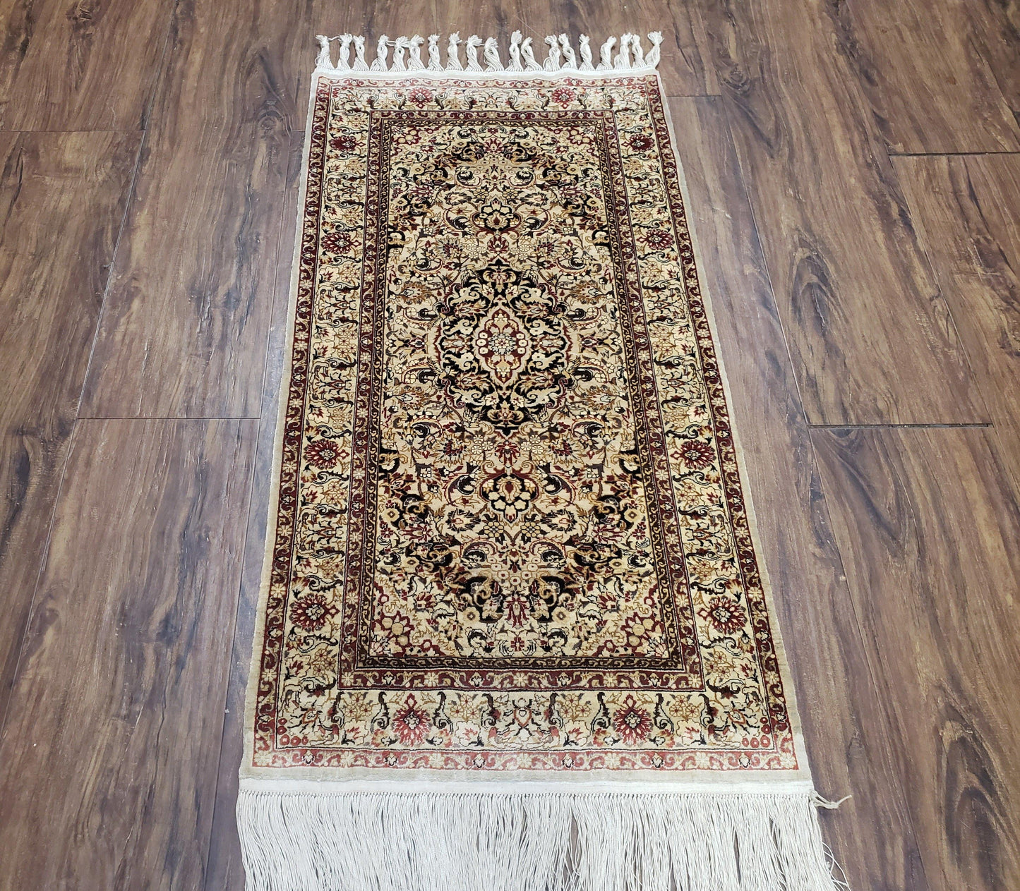 Silk Oriental Rug 1' 7" x 3', Very Fine Silk Carpet, Small Silk Rug, Traditional Floral Medallion, Hand-Knotted Cream Beige Vintage Silk Rug - Nuvé