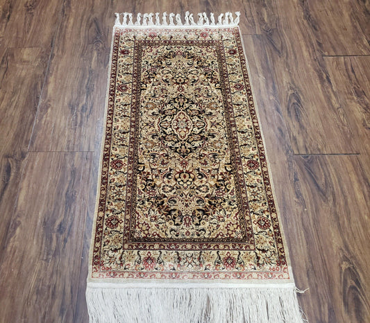Silk Oriental Rug 1' 7" x 3', Very Fine Silk Carpet, Small Silk Rug, Traditional Floral Medallion, Hand-Knotted Cream Beige Vintage Silk Rug - Nuvé