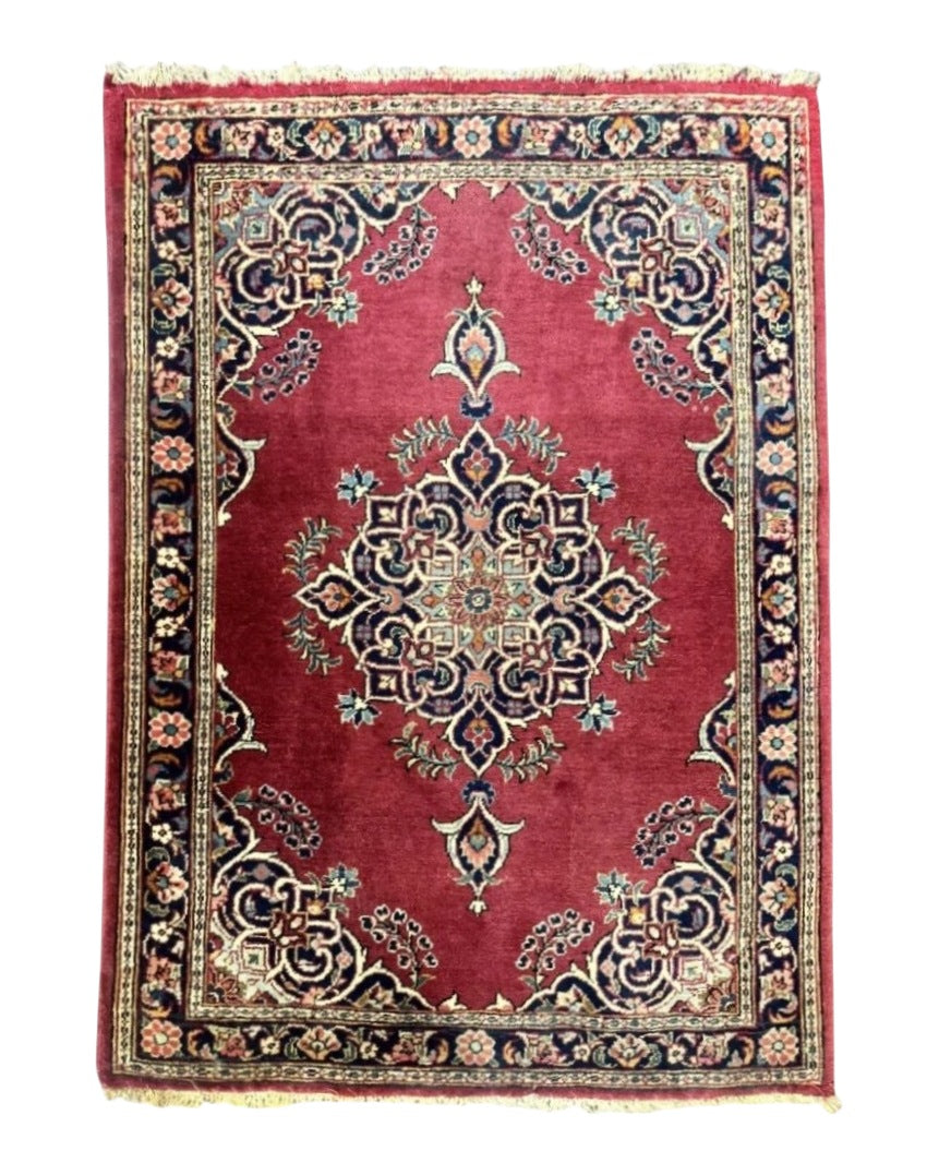 Small Persian Kashan Rug 2x3, Red and Navy Blue, Handmade Vintage Wool Semi Antique Persian Carpet, Semi Open Field, Pair B