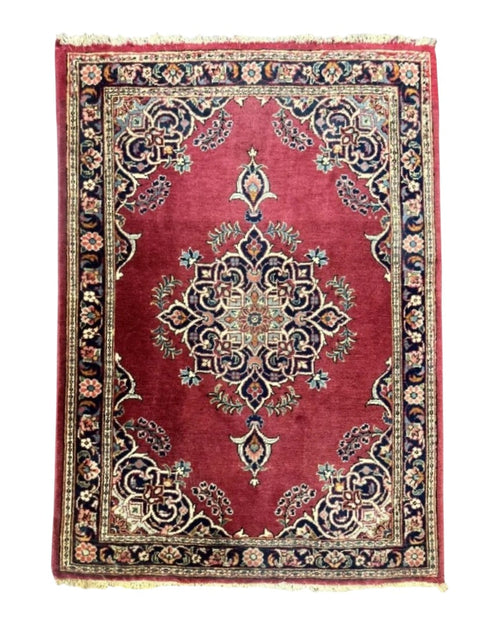 Small Persian Kashan Rug 2x3, Red and Navy Blue, Handmade Vintage Wool Semi Antique Persian Carpet, Semi Open Field, Pair B