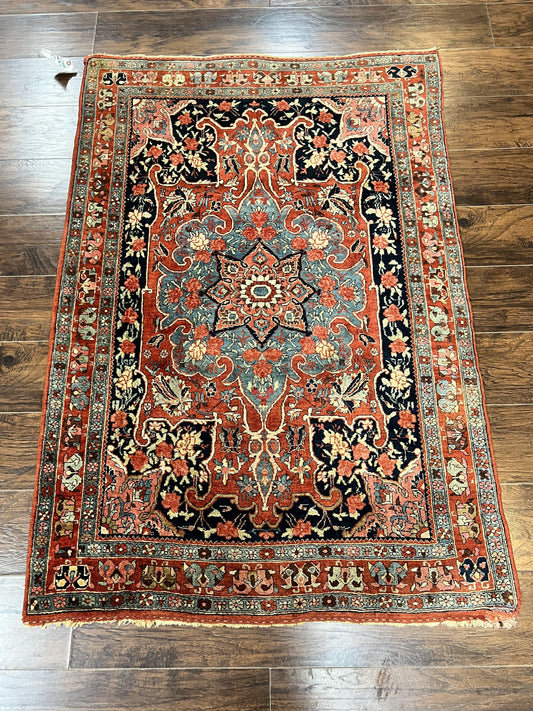 Antique Persian Bidjar Rug 4x5, Red and Blue, Hand Knotted Wool Carpet - Nuvé