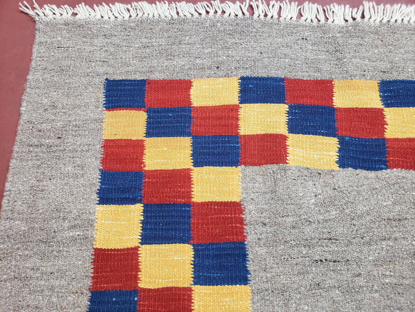New Turkish Kilim Area Rug, Gray Carpet With Colorful Checker Border, 5'6" x 8", Flatweave Carpet, Playroom Rug, Kids Room Rug, Hand-Knotted - Nuvé