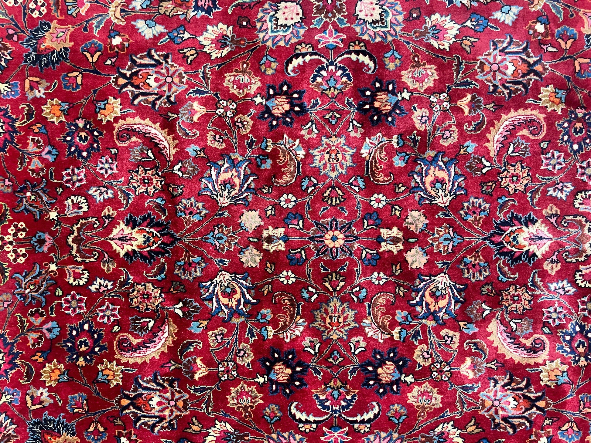 Signed Persian Mashad Rug 8x10, Wool Oriental Carpet, Semi Antique Rug, Hand Knotted, Traditional, Red, Floral Allover, - Nuvé