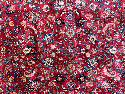 Signed Persian Mashad Rug 8x10, Wool Oriental Carpet, Semi Antique Rug, Hand Knotted, Traditional, Red, Floral Allover, - Nuvé