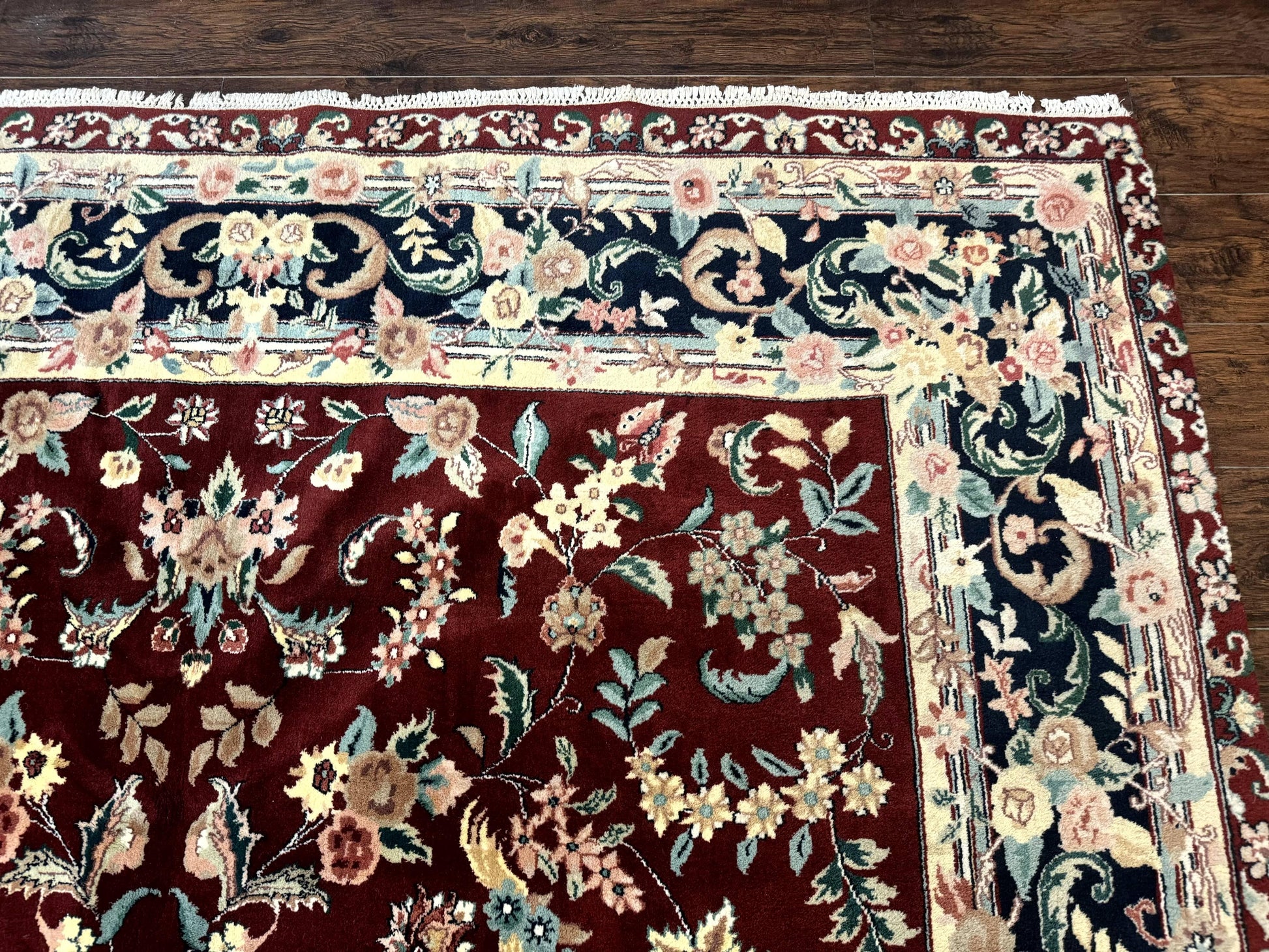 Indo Persian Rug 8x10, Floral Allover with Bird Pictorials, Maroon and Navy Blue, Handmade Wool Area Rug - Nuvé