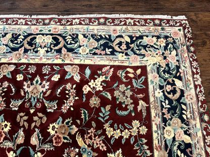 Indo Persian Rug 8x10, Floral Allover with Bird Pictorials, Maroon and Navy Blue, Handmade Wool Area Rug - Nuvé