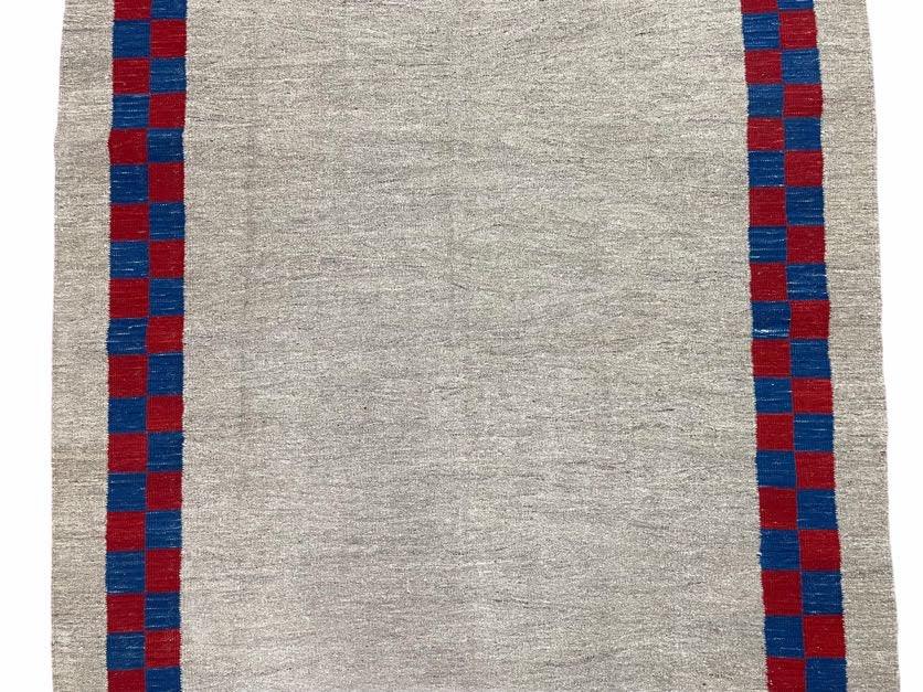 5' 7" x 7' 9" Geometric Kilim Carpet, Gray, Handmade, Hand-Knotted Area Rug, Blue & Red, Flatweave, Wool, New, Checkerboard Pattern - Nuvé