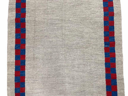 5' 7" x 7' 9" Geometric Kilim Carpet, Gray, Handmade, Hand-Knotted Area Rug, Blue & Red, Flatweave, Wool, New, Checkerboard Pattern - Nuvé
