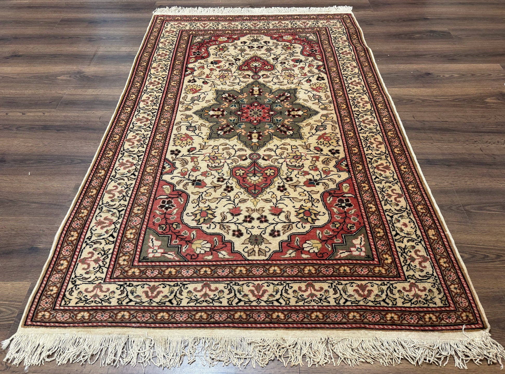 Turkish Sivas Rug 4x6, Floral Medallion, Beige Pink-Red Green, Handmade - Nuvé