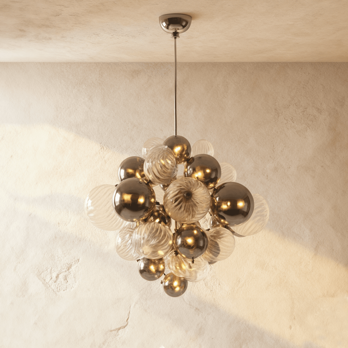 Residence Supply Bales Chandelier with multiple glass globes and metal frame, modern pendant lighting for living spaces
