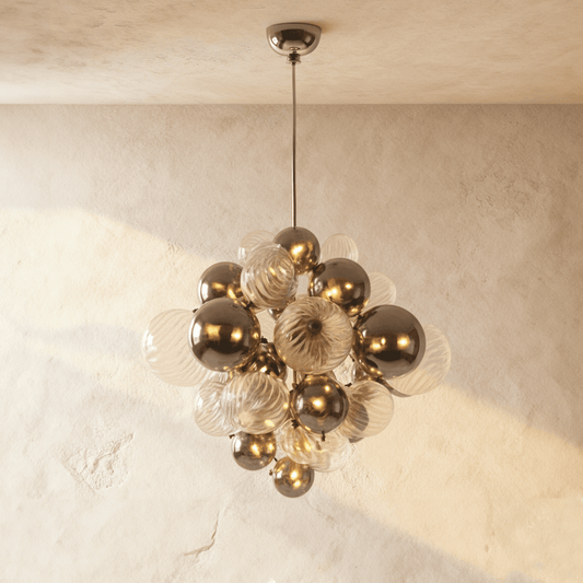 Residence Supply Bales Chandelier with multiple glass globes and metal frame, modern pendant lighting for living spaces