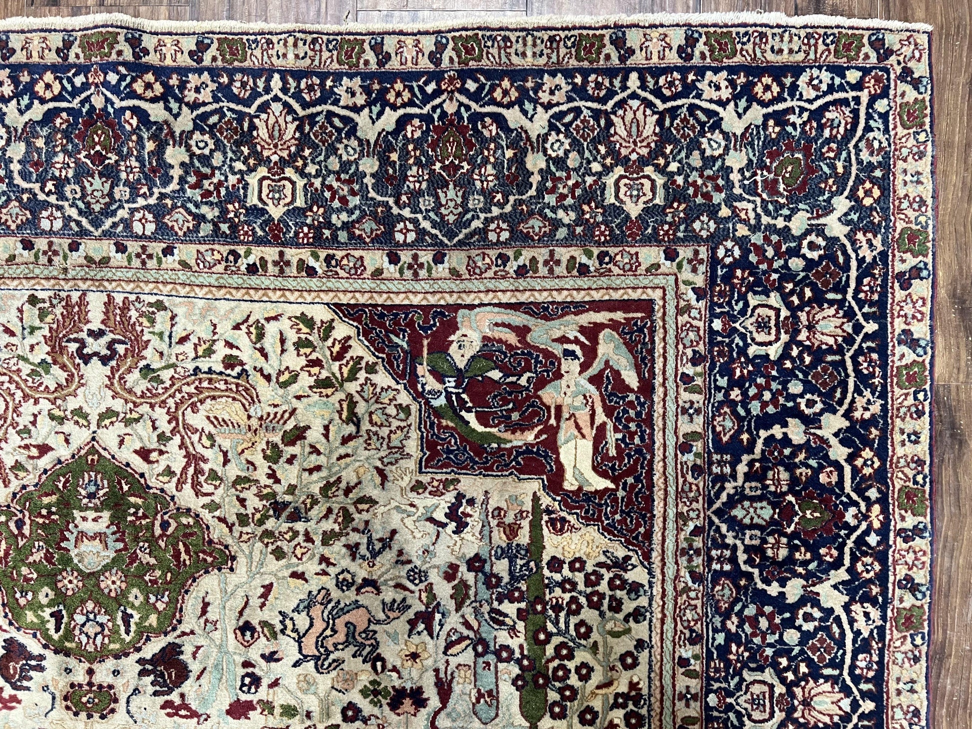 Rare Antique Indian Agra Rug, Early 20th Century Indian Carpet, Animal and Angel Motifs, Hunting Scene, Collectible Oriental Carpet, Wow - Nuvé