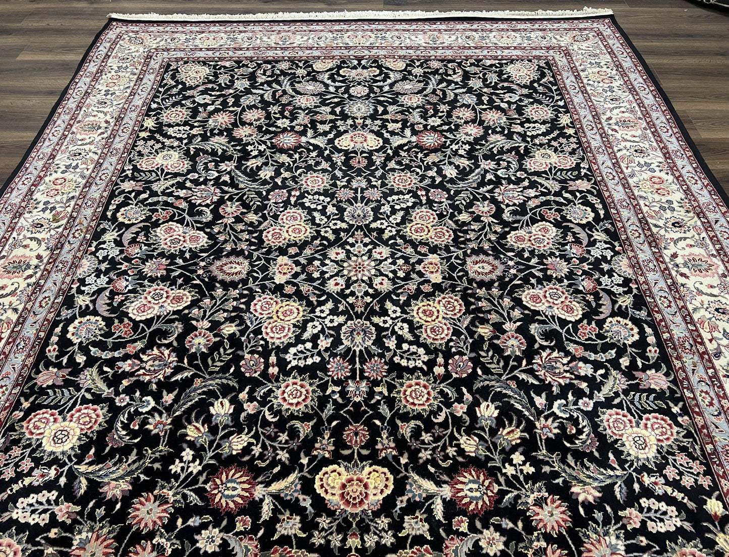 Pak Persian Rug 9x12, Floral Allover, Hand Knotted Oriental Carpet 9 x 12 ft, Black and Cream, Detailed, Wool with Silk Highlights, Vintage - Nuvé