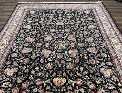 Pak Persian Rug 9x12, Floral Allover, Hand Knotted Oriental Carpet 9 x 12 ft, Black and Cream, Detailed, Wool with Silk Highlights, Vintage - Nuvé