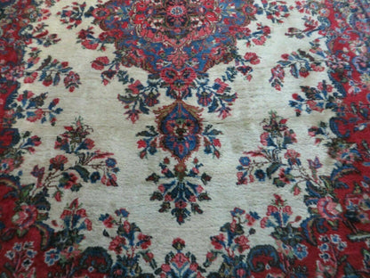 9x12 Persian Sarouk Rug - Semi Open Field Medallion Rug - Ivory Red Blue Hand Knotted Wool Oriental Carpet 9 x 12 Antique Rug - Vegetable Dyes - Nuvé
