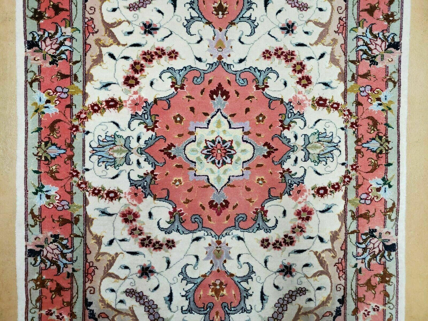 Small Vintage Persian Tabriz Wool and Silk Rug 2.5 x 4 ft, Very Finely Hand Knotted, Medallion, Ivory Salmon Light Blue, Top Quality, Pair A - Nuvé