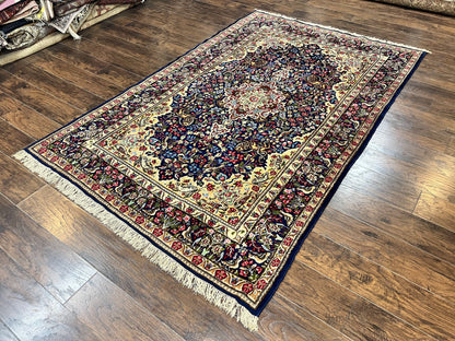 Persian Kirman Rug 6x9, Floral Medallion Vintage Wool Handmade Carpet 6 x 9, Animal Pictorials Birds, Semi Antique, Navy Blue, Millefleur - Nuvé