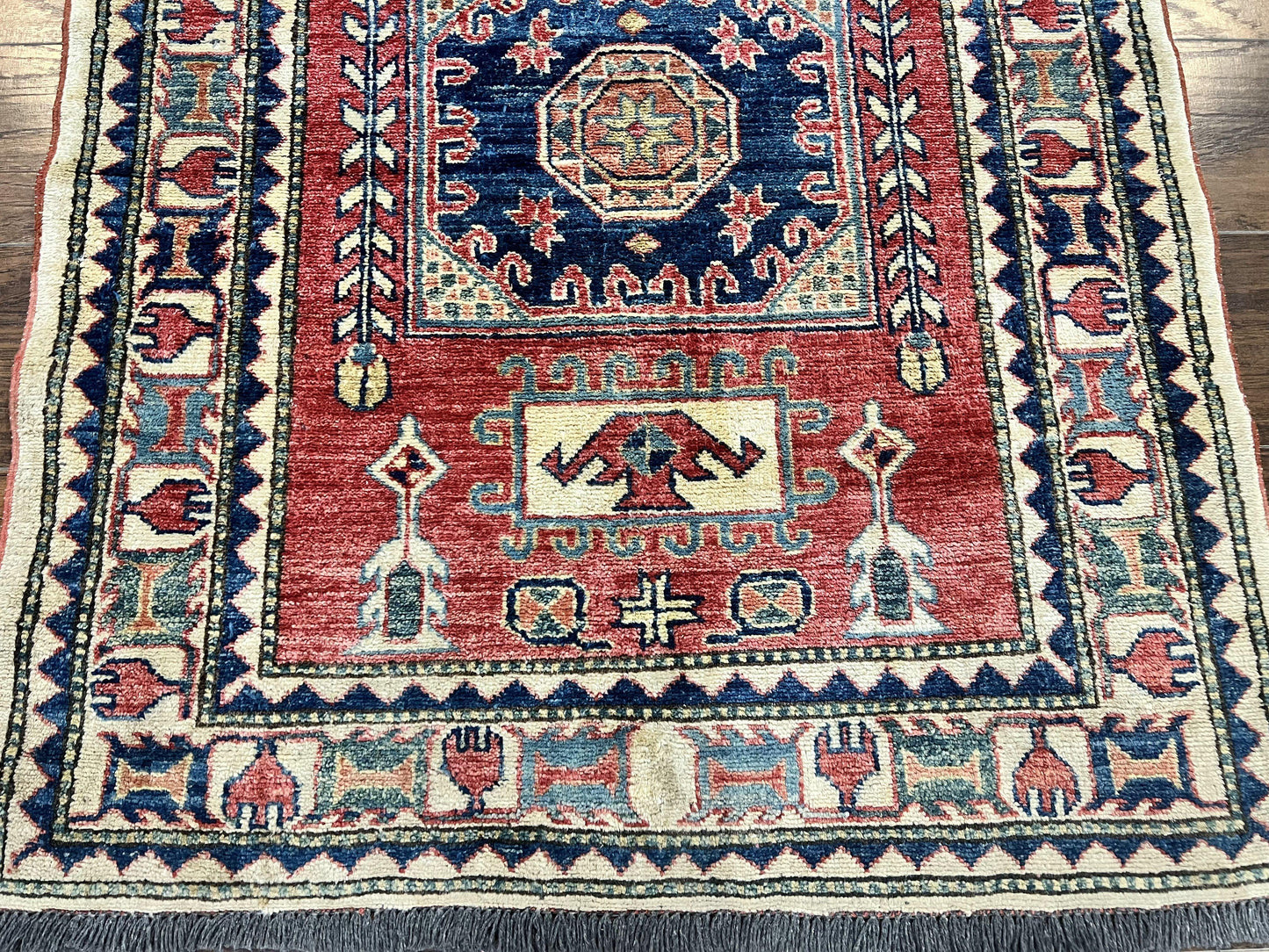 Turkish Kazak Rug 3x4, Wool Hand Knotted Small Vintage Carpet, Red Navy Blue, 3 x 4 Oriental Rug, Geometric Design - Nuvé