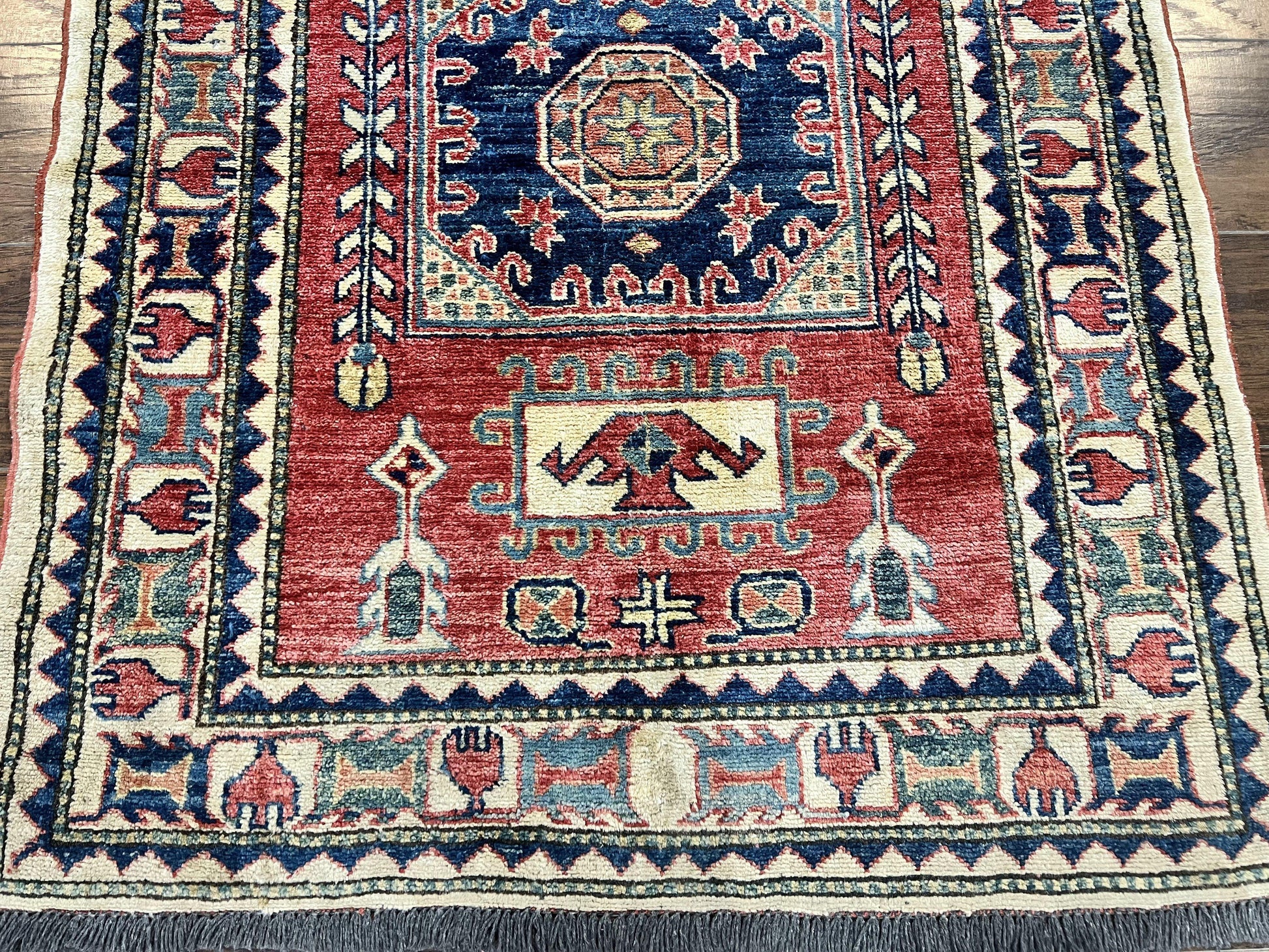 Turkish Kazak Rug 3x4, Wool Hand Knotted Small Vintage Carpet, Red Navy Blue, 3 x 4 Oriental Rug, Geometric Design - Nuvé