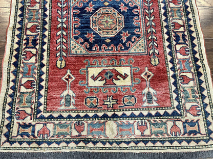 Turkish Kazak Rug 3x4, Wool Hand Knotted Small Vintage Carpet, Red Navy Blue, 3 x 4 Oriental Rug, Geometric Design - Nuvé